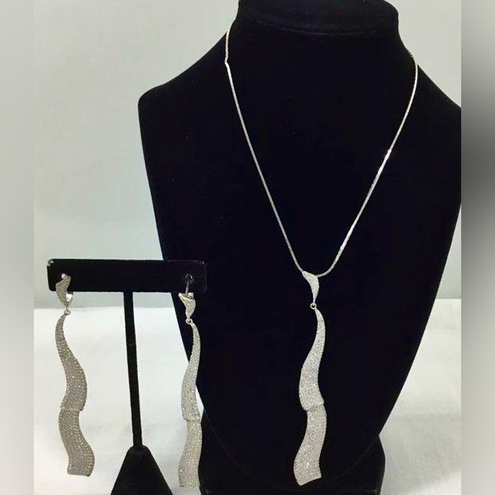 Womens 925 Sterling Silver 16” Necklace Matching CZ Twist Pendant CZ Earrings